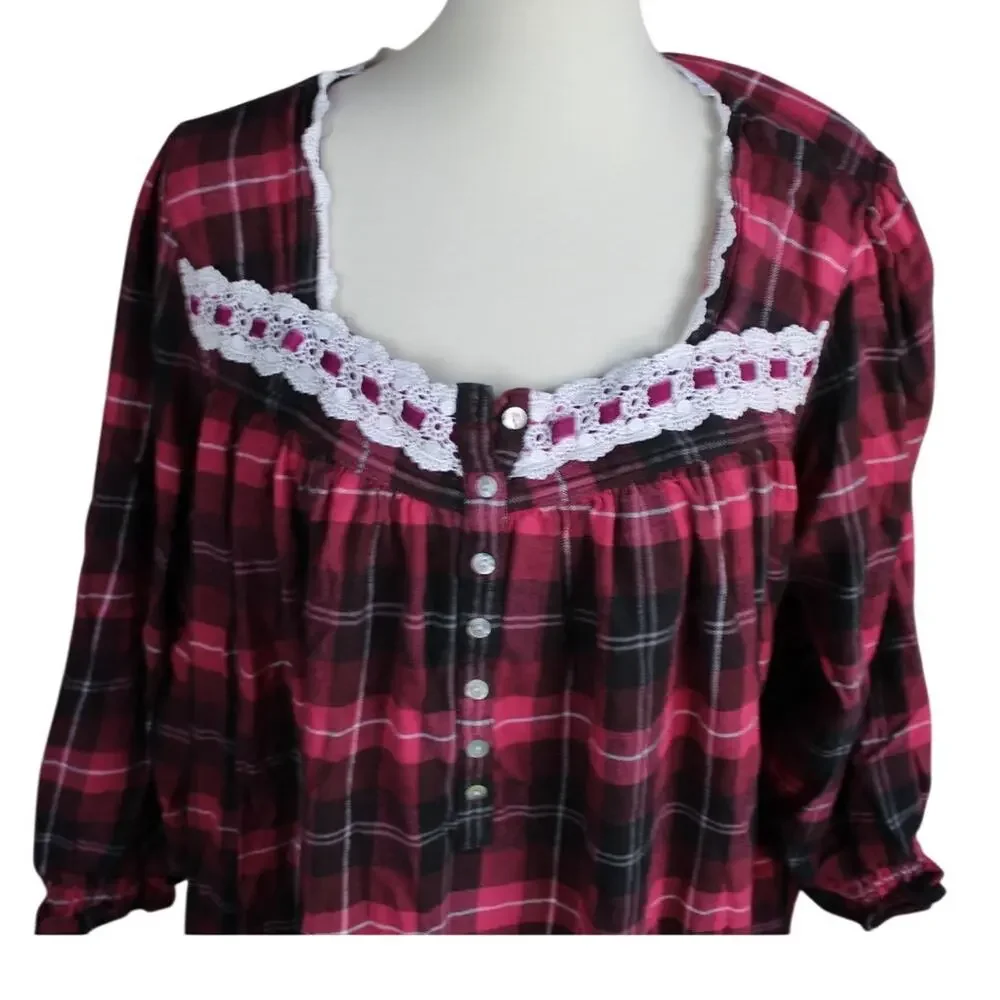 Eileen West Nightgown Womens XL Red Plaid Pajamas Sleep Dress Cottagecore